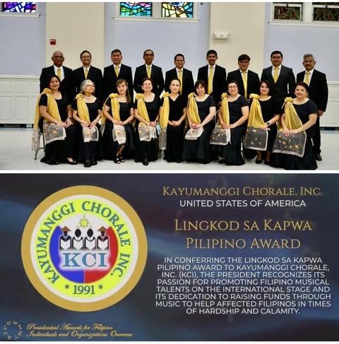 Kayumanggi Chorale, Inc. members in formal attire posing for a group photo after receiving the Lingkod Sa Kapwa Filipino Award